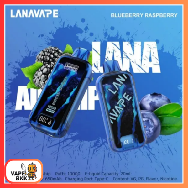 LANNA 10000 PUFFS มีหน้าจอ ชาร์จแบตได้ Blueberry Raspberry บลูเบอรี่ ราสเบอรี่