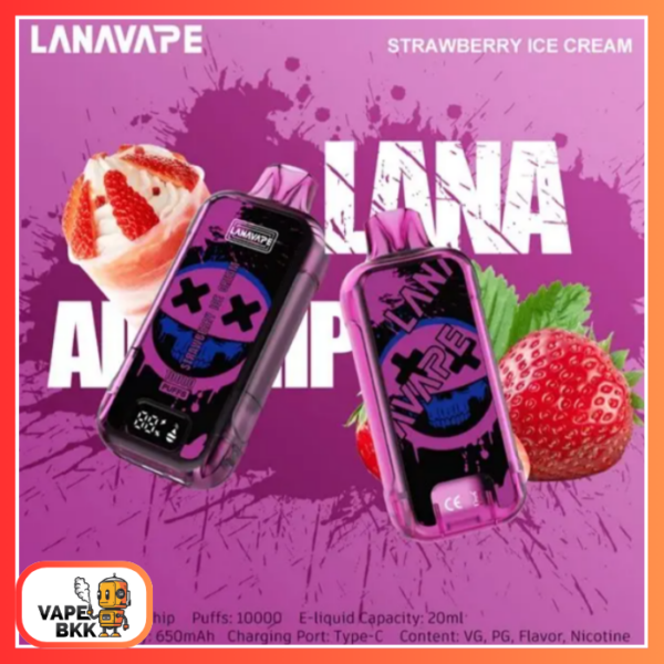 LANNA 10000 PUFFS มีหน้าจอ ชาร์จแบตได้ Strawberry Ice Cream ไอติม สตอเบอรี่